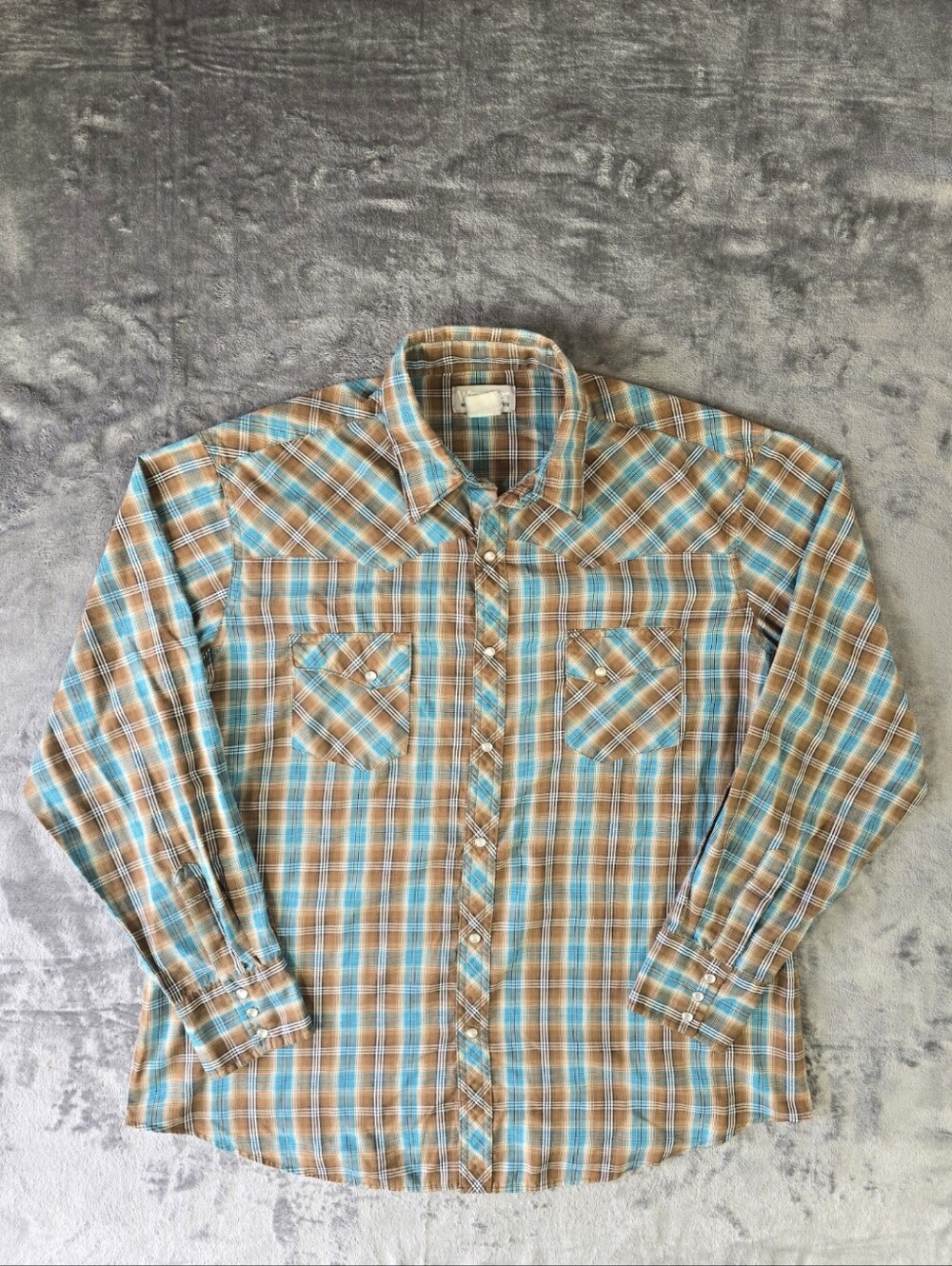Vintage Wrangler Wrancher Pearl Snap Plaid Button Up Shirt Size XL Brown Teal